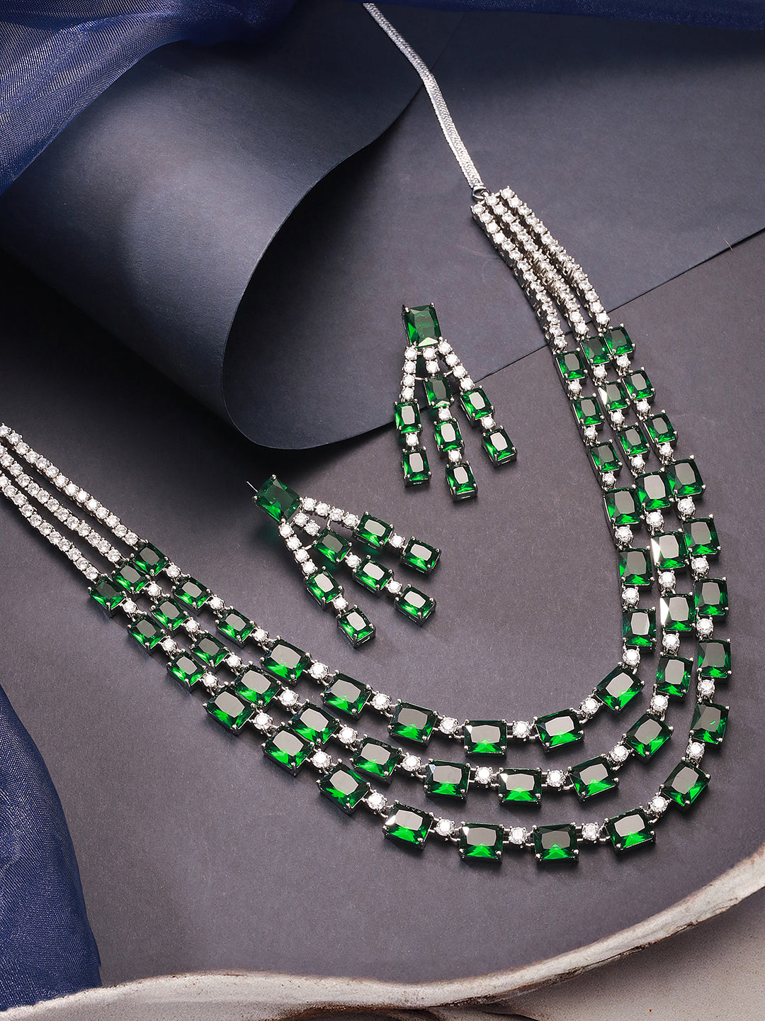 Silver Plated Emerald Green  AD Studded Layered Statement Necklace Jewellery Set